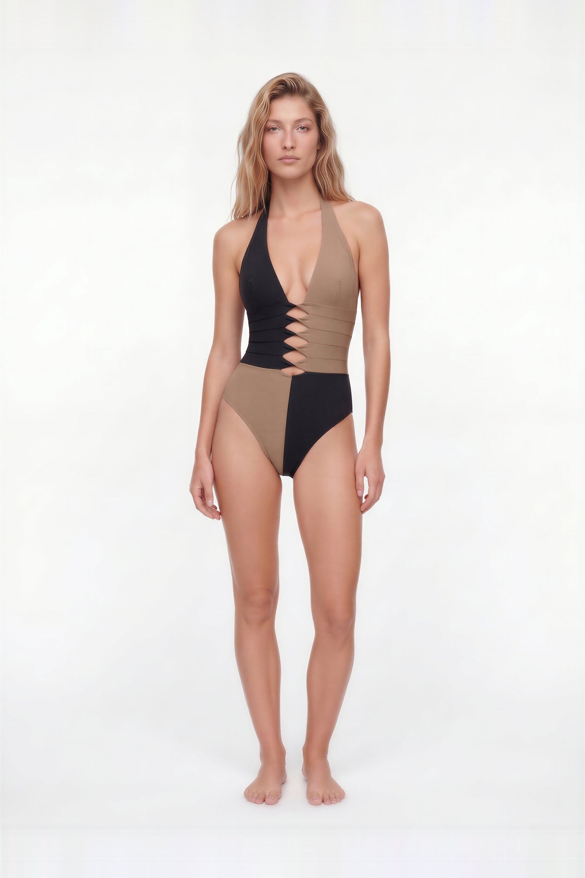 Virella Plunge Neck Bonded Nude-Black Swimsuit