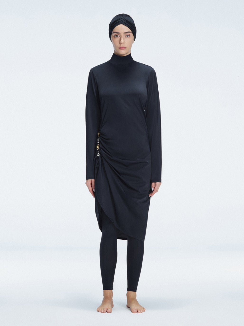 Yasmin Black High-Neck Accessorised Modest Swim Set | Moeva | Swimsuit | Each week unveils new pieces—luxury swimwear, fluid resort silhouettes, and elevated summer-to-evening essentials designed to carry you from coastal escapes to city nights.