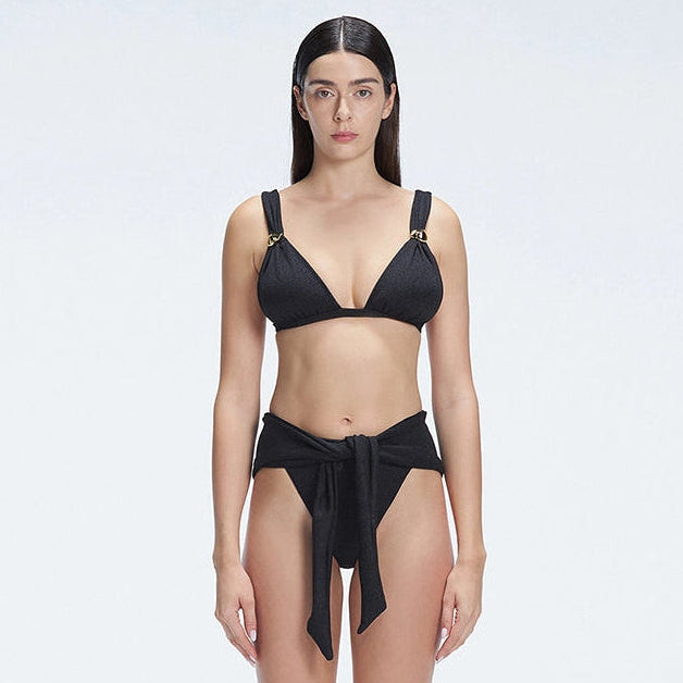 Zella Shiny Black Triangle Mid Coverage Solid Bikini Sets | Moeva | Bikini Set | Each week unveils new pieces—luxury swimwear, fluid resort silhouettes, and elevated summer-to-evening essentials designed to carry you from coastal escapes to city nights.