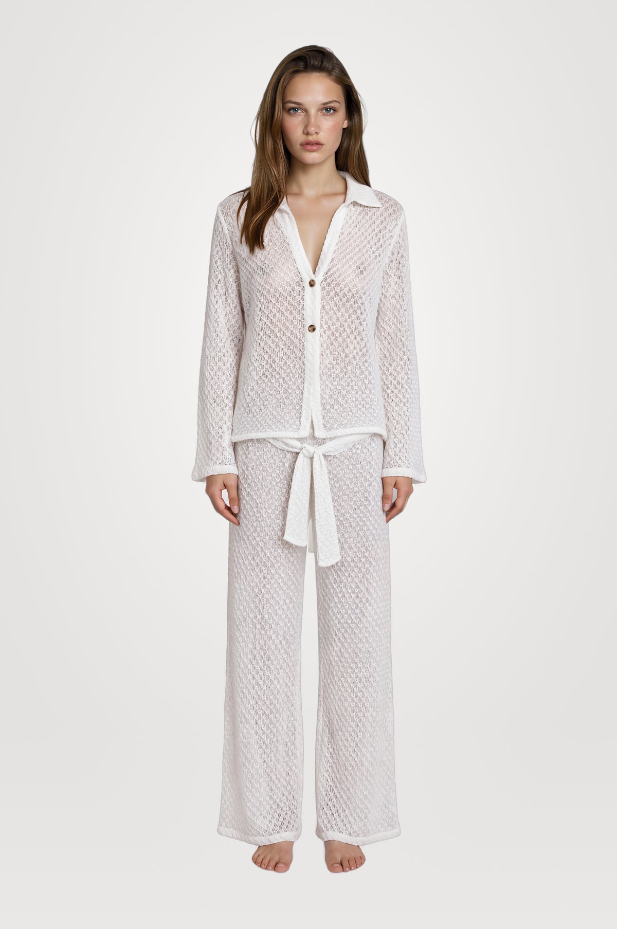 Rania White Sheer Tie Front Shirt & Reina Wide Leg Pants Set