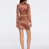 Greta Brown Satin Tie Front Shirt And Antonia Skirt Set | Moeva | Beachwear Tops | Each week unveils new pieces—luxury swimwear, fluid resort silhouettes, and elevated summer-to-evening essentials designed to carry you from coastal escapes to city nights.