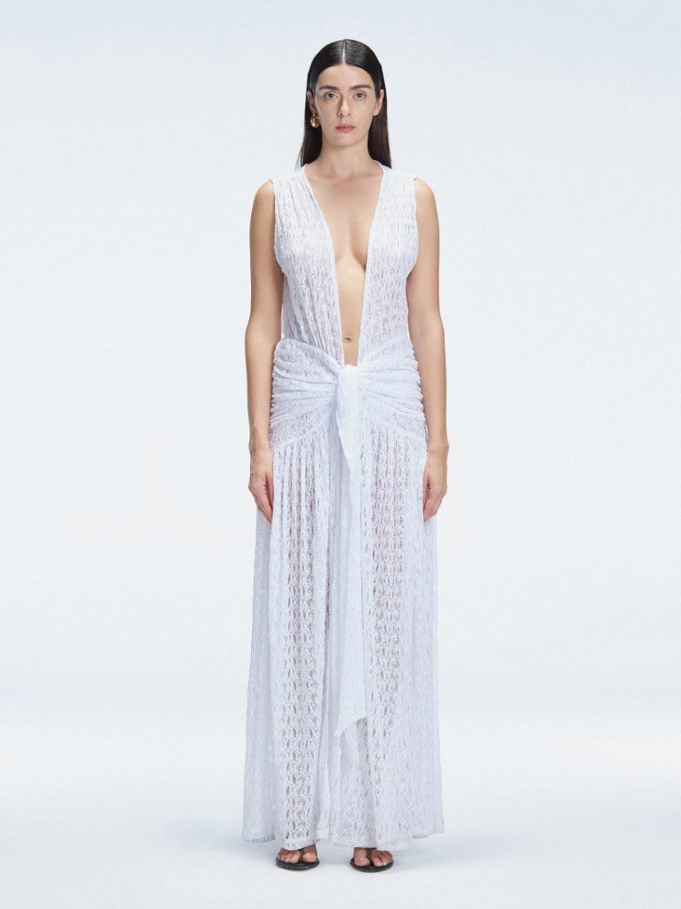 Natalie Lim Suarez-Aveline White Sleeveless Lace Maxi Kaftan | Moeva | Beachwear Dresses | Each week unveils new pieces—luxury swimwear, fluid resort silhouettes, and elevated summer-to-evening essentials designed to carry you from coastal escapes to city nights.