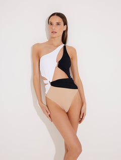 Front View: Model in Adelina Black/Nude/White Swimsuit - MOEVA Luxury Swimwear, Fully Lined, Removable Padding, Italian Fabric, Special Lycra Xtralife Certificate, One Piece Swimsuit, MOEVA Luxury Swimwear 
