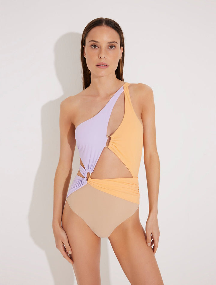 Front View: Model in Adelina Orange/Lilac/Nude Swimsuit - MOEVA Luxury Swimwear, Fully Lined, Removable Padding, Italian Fabric, Special Lycra Xtralife Certificate, One Piece Swimsuit, MOEVA Luxury Swimwear 