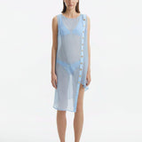 Adora Baby Blue Sheer Sleeveless Asymmetric Dress with Gold Button Detail | Moeva | Dress | Each week unveils new pieces—luxury swimwear, fluid resort silhouettes, and elevated summer-to-evening essentials designed to carry you from coastal escapes to city nights.