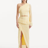 Alani Yellow Fringe Detail Asymmetric Slit Midi Skirt | Moeva | Skirt | Each week unveils new pieces—luxury swimwear, fluid resort silhouettes, and elevated summer-to-evening essentials designed to carry you from coastal escapes to city nights.