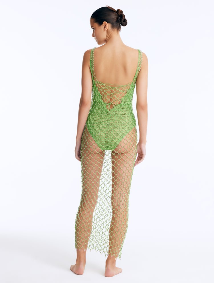 Back View: Aliana Green Dress on Model - Scoop Neckline, Unlined, %100 Handmade Macrame, Clear Glass Drops at the Hem, Adjustable Straps, MOEVA Luxury Beachwear