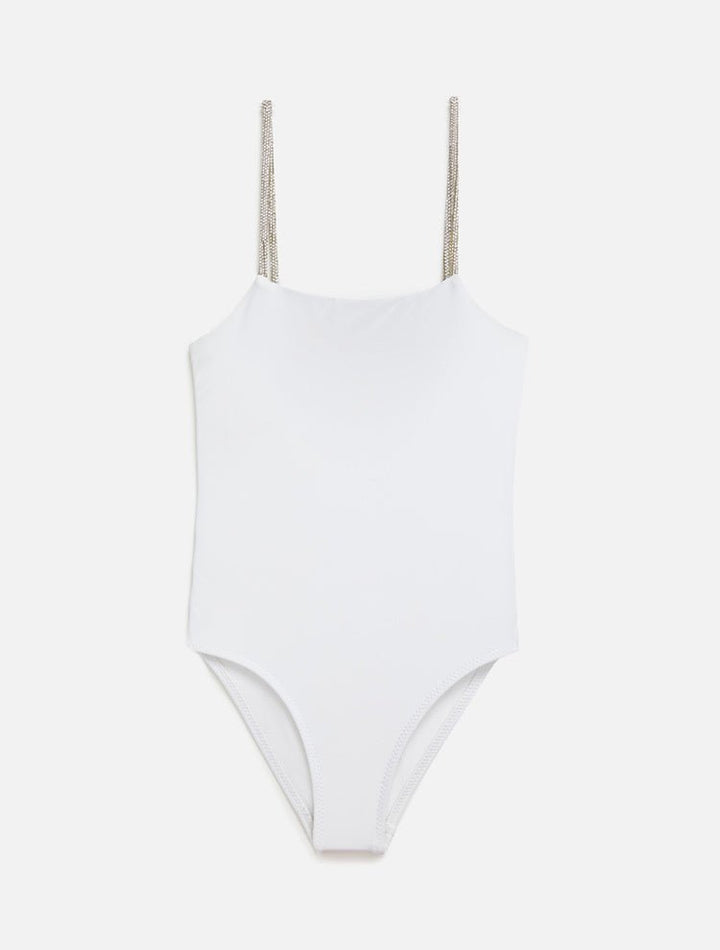 Front View: Amalia White Kids Swimsuit - One Piece, Square Neck, Fully Lined, Mommy and Me, Soft Tocuh Fabric, MOEVA Luxury Swimwear