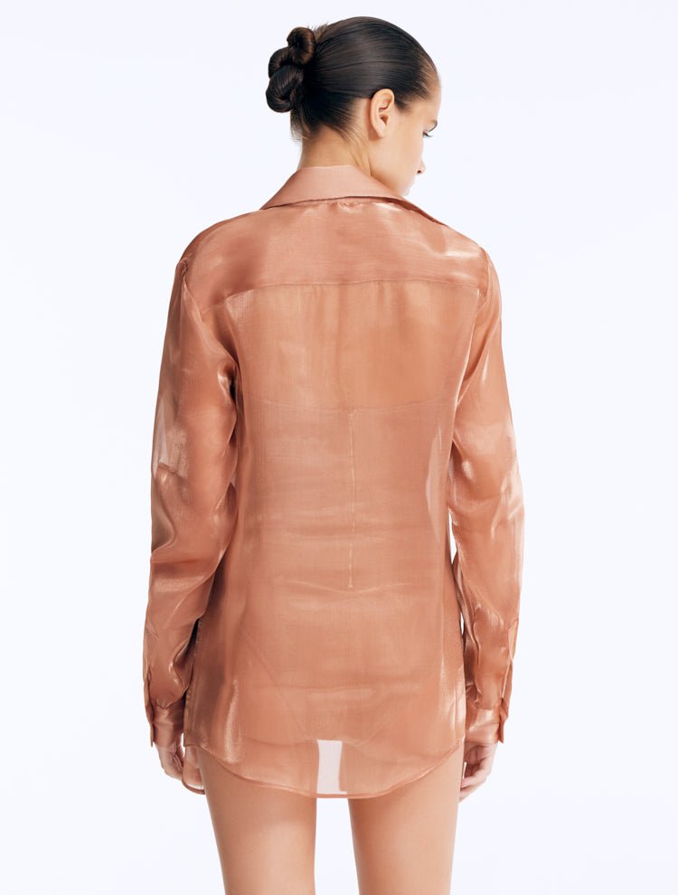 Back View: Ambrosia Bronze Shirt on Model - Regular Fit, Concealed Placket, Chic Day-to-Night Beachwear, MOEVA Luxury Beachwear