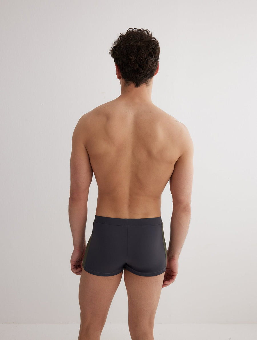 Back View: Model in Antonio Grey/Green/White Men Trunks - MOEVA Luxury Swimwear, Swim Shorts, Nikel, Trunk, Fully Lined, Slim Fit, Strech Classic, MOEVA Luxury Swimwear