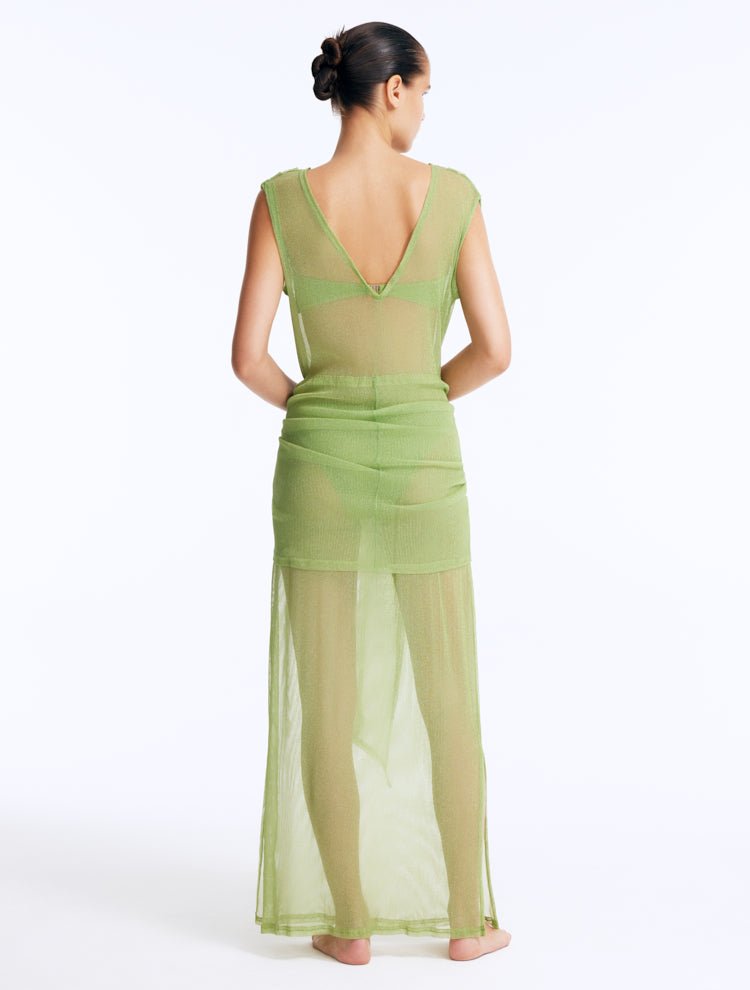 Back View: Aster Green Dress on Model - Unlined, Comfortable Sheer Soft Fabric, Ankle Length, Layered with a Panel, MOEVA Luxury Beachwear