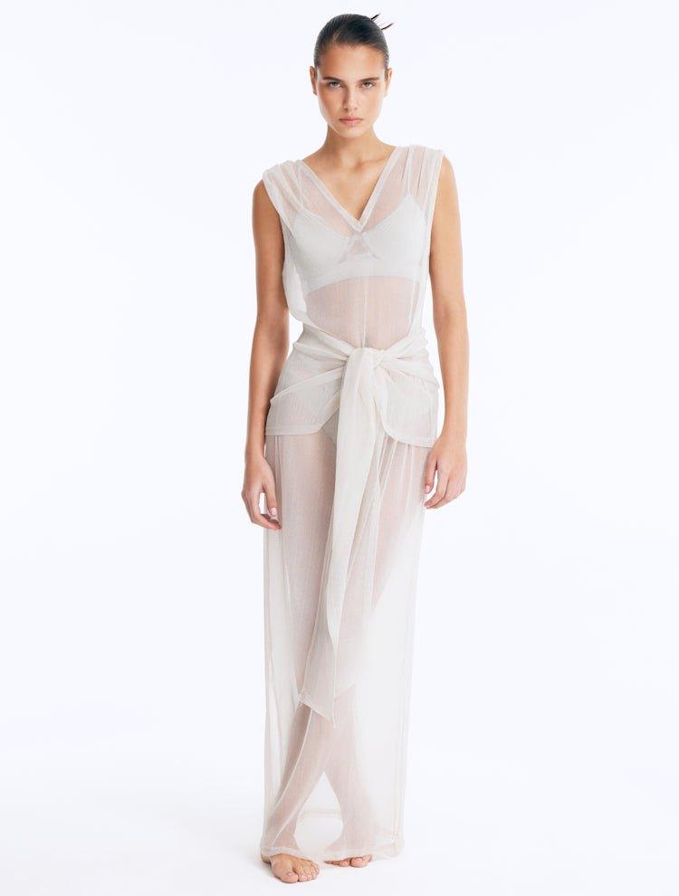 Aster Silver Mesh Tie Front Maxi Dress | Moeva | Beachwear Dresses | Each week unveils new pieces—luxury swimwear, fluid resort silhouettes, and elevated summer-to-evening essentials designed to carry you from coastal escapes to city nights.