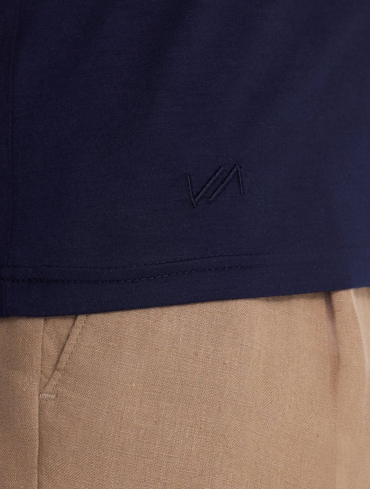 Close up View of Atlas Dark Blue T-Shirt- %100 COTTON - High-Quality Cotton Fabric, Slim Fit T-Shirt for Men, MOEVA Luxury Swimwear