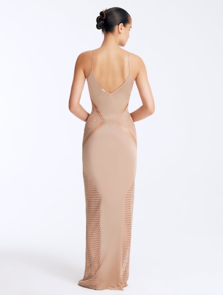 Back View: Azalea Bronze Dress on Model - Sleeveless, Close Fit, Adjustable Straps, Metal Moeva Logo Plaque At The Back, 100% Viscose, MOEVA Luxury Swimwear
