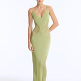 Azalea Green Knitted Maxi Dress with Side Mesh Panels | Moeva | RTW Dresses | Each week unveils new pieces—luxury swimwear, fluid resort silhouettes, and elevated summer-to-evening essentials designed to carry you from coastal escapes to city nights.