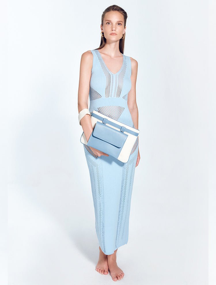 Front View of Model with Azzurra Ecru/Blue Clutch – Clutch, Leather Pocket, MOEVA Luxury Swimwear   