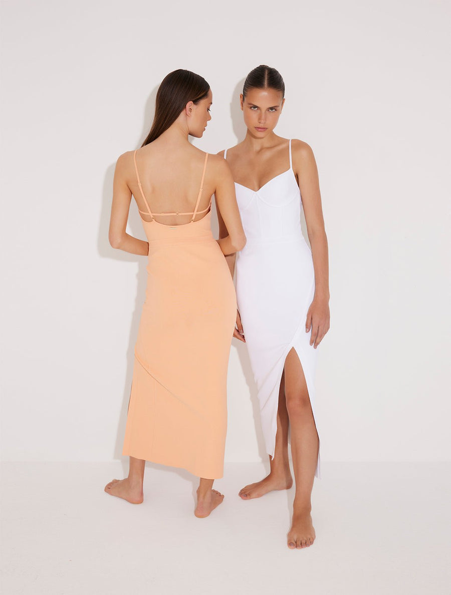 Front View: Models in Beau Orange Dress - MOEVA Luxury Swimwear, Sleeveless Knitted Maxi Dress, Ankle Length, Close Fit, Decorative Ribbed Details, Ready to Wear Maxi Dress, Scoop Neck, MOEVA Luxury Swimwear