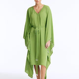 Bethany Green V Neck Belted Silk Kaftan | Moeva | Kaftan | Each week unveils new pieces—luxury swimwear, fluid resort silhouettes, and elevated summer-to-evening essentials designed to carry you from coastal escapes to city nights.