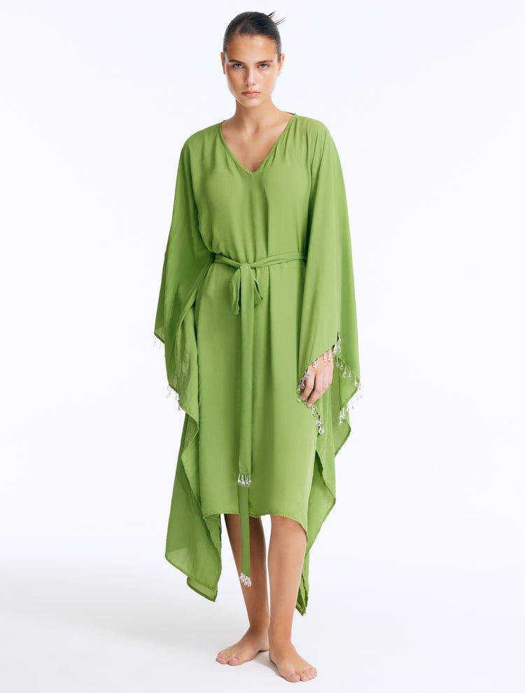 Bethany Green V Neck Belted Silk Kaftan | Moeva | Kaftan | Each week unveils new pieces—luxury swimwear, fluid resort silhouettes, and elevated summer-to-evening essentials designed to carry you from coastal escapes to city nights.