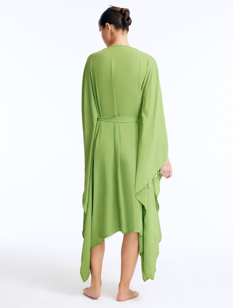 Back View: Bethany Green Kaftan on Model - Poncho Style Sleeve, Self-Tie Belt, Full Body Coverage, Made from 100% Silk Fabric, MOEVA Luxury Beachwear