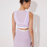 Blanca Lilac/White Asymmetric Mini Dress with Gold Button Detail | Moeva | Beachwear Dresses | Each week unveils new pieces—luxury swimwear, fluid resort silhouettes, and elevated summer-to-evening essentials designed to carry you from coastal escapes to city nights.