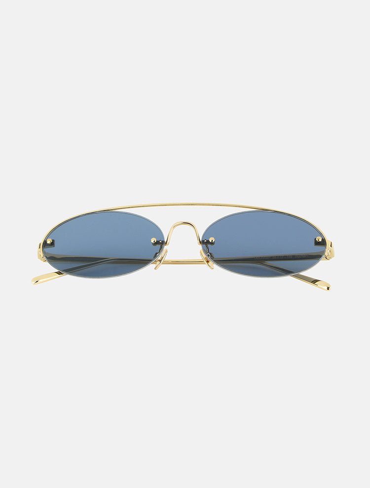 Front View of Boccioni Blue Sunglasses - MOEVA Luxury  Swimwear, 100% UV protection, Made in Italy, Gold Oval Shaped Sunglasses, Acetate Frame, Molded Nose Pads, Tinted Lenses, MOEVA Luxury  Swimwear     