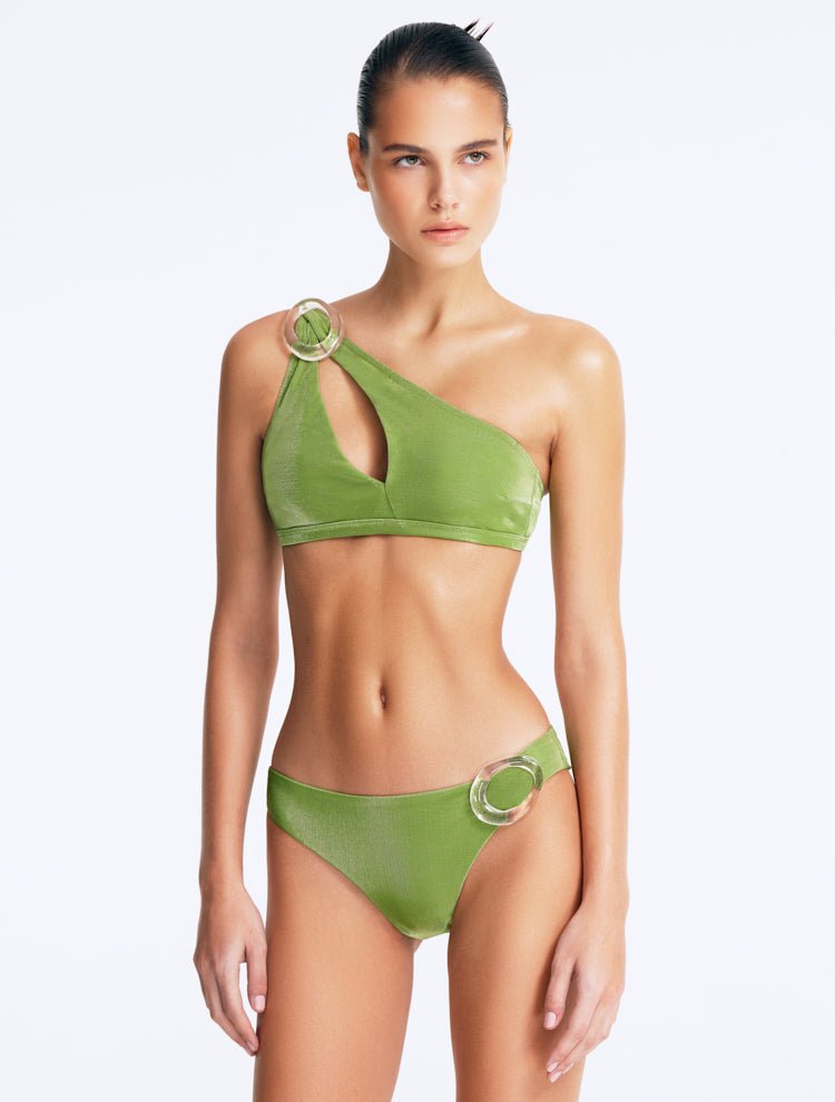 Calix Green Mid-Rise Bikini Bottom With Clear Glass Hoop Accessory -Bikini Bottom Moeva