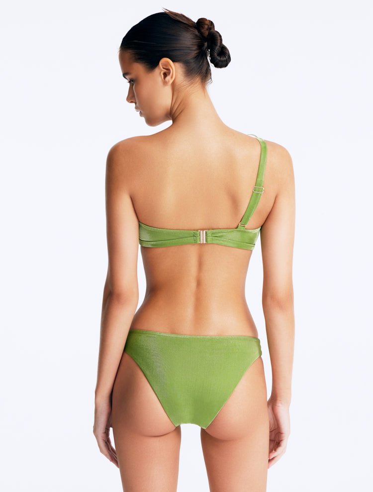 Back View: Calix Green Bikini Top on Model - Chic and Stylish Two-Piece Swimsuit Top,  Adjustable Strap, Fully Lined, Italian Fabric, MOEVA Luxury Swimwear
