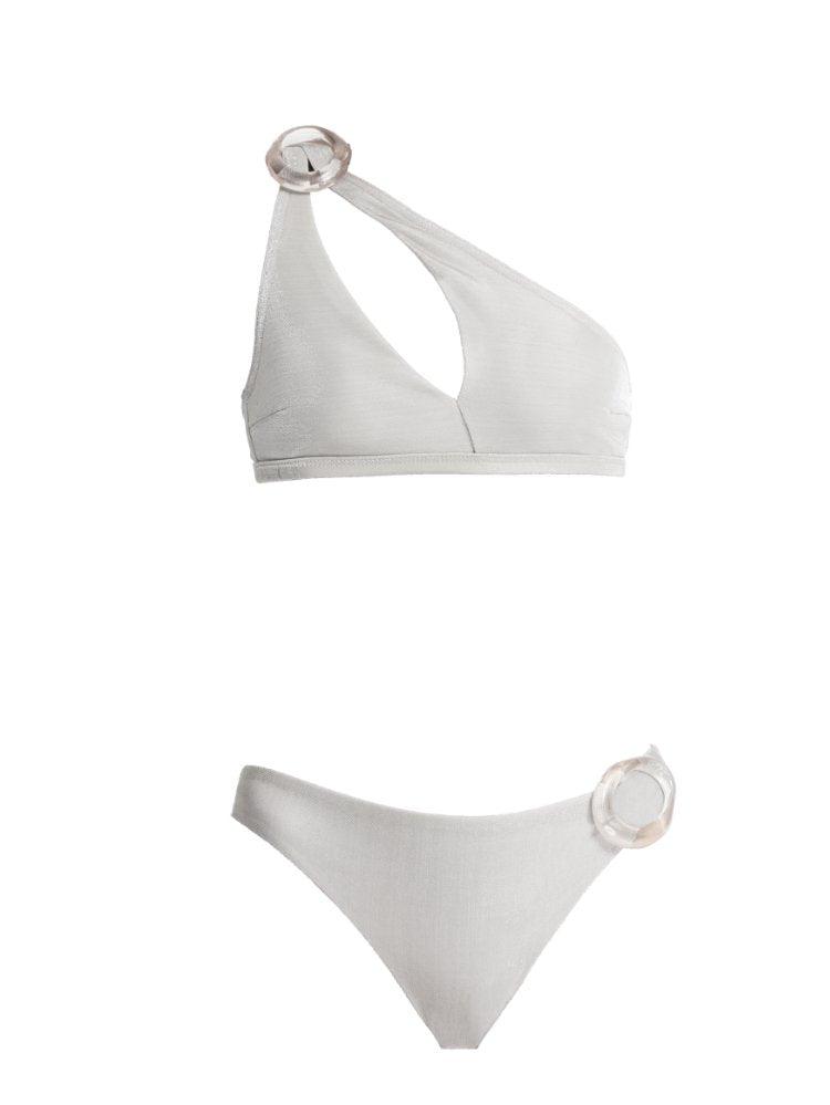Calix Silver One Shoulder Mid Coverage Bikini Set | Moeva | Bikini Sets | Each week unveils new pieces—luxury swimwear, fluid resort silhouettes, and elevated summer-to-evening essentials designed to carry you from coastal escapes to city nights.