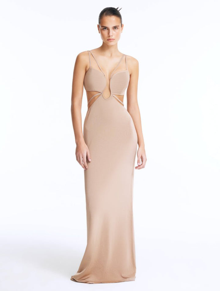 Front View: Model in Calla Bronze Dress - Chic Maxi Dress, Knitted, Ankle Length, Close Fit, U Shaped Wired, MOEVA Luxury Swimwear