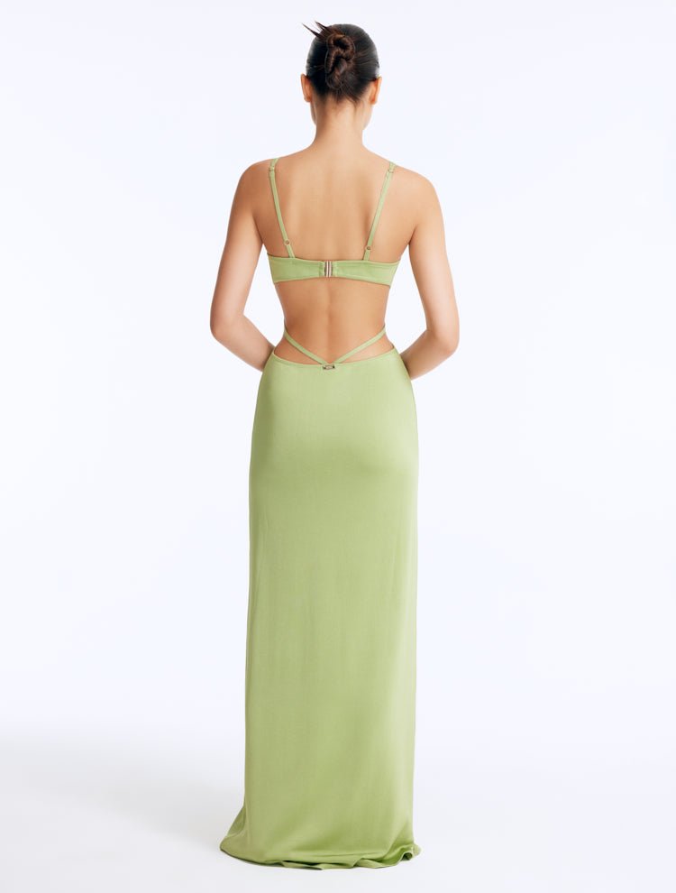 Back View: Calla Green Dress on Model - Cut Out Details, Low Back, Gold Clasps At The Back, MOEVA Luxury Swimwear