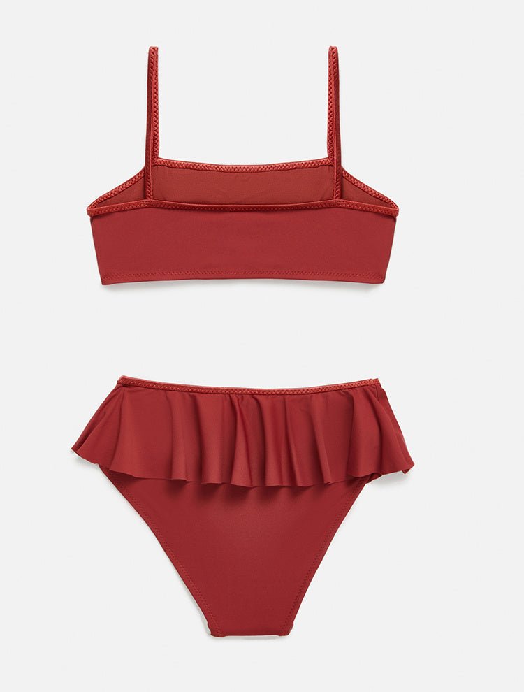 Front View: Carlotta Red Ochre Kids Bikini  - MOEVA Luxury Swimwear, Contrast Colors, Thin Straps, Ruffles Details, MOEVA Luxury Swimwear