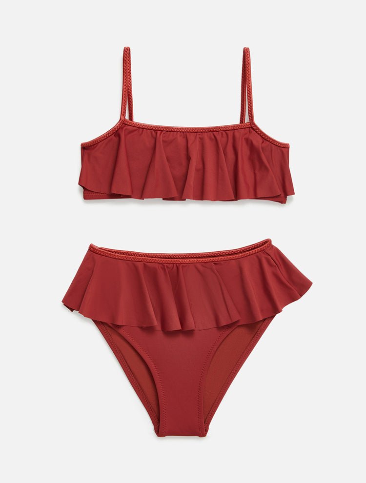 Front View: Carlotta Red Ochre Kids Bikini  - MOEVA Luxury Swimwear, Contrast Colors, Thin Straps, Ruffles Details, MOEVA Luxury Swimwear