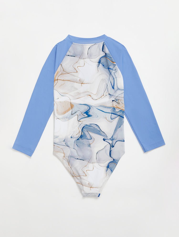 Front View: Carmella Blue Abstract Kids Swimsuit - MOEVA Luxury Swimwear, Stretchy Fabric, Full Bottom Coverage, Soft Tocuh Fabric, Contrast Colors, Long Sleeves, Zip Fastening at Front, One Piece, Long Sleeved, Fully Lined, Mommy and Me, MOEVA Luxury Swimwear