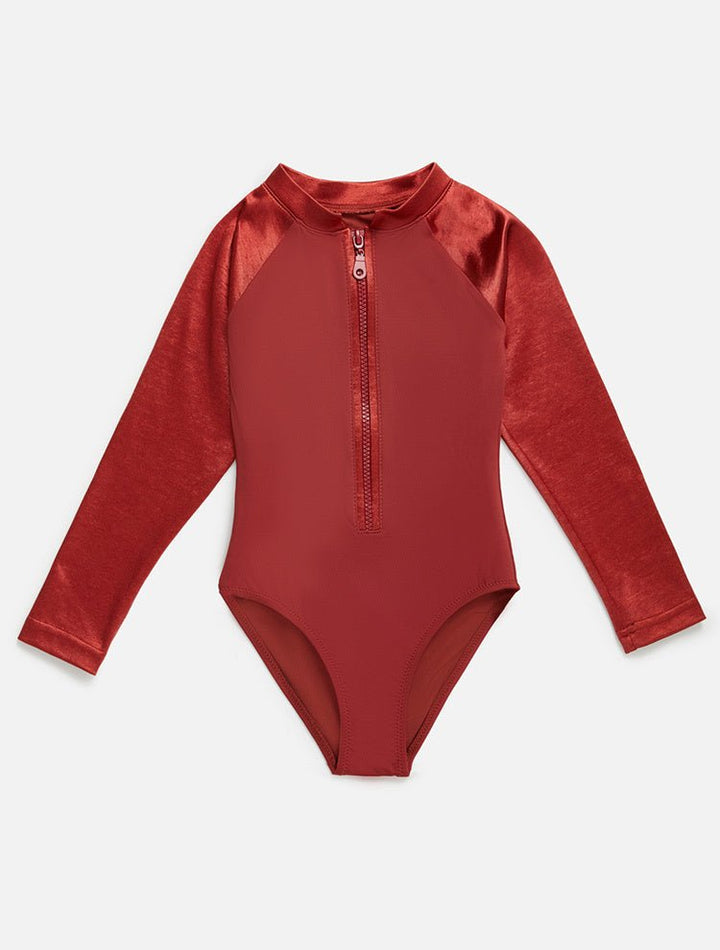 Front View: Carmella Red Ochre Kids Swimsuit - MOEVA Luxury Swimwear, Contrast Colors, Long Sleeves, Zip Fastening at Front, One Piece, Long Sleeved, Fully Lined, Mommy and Me, MOEVA Luxury Swimwear