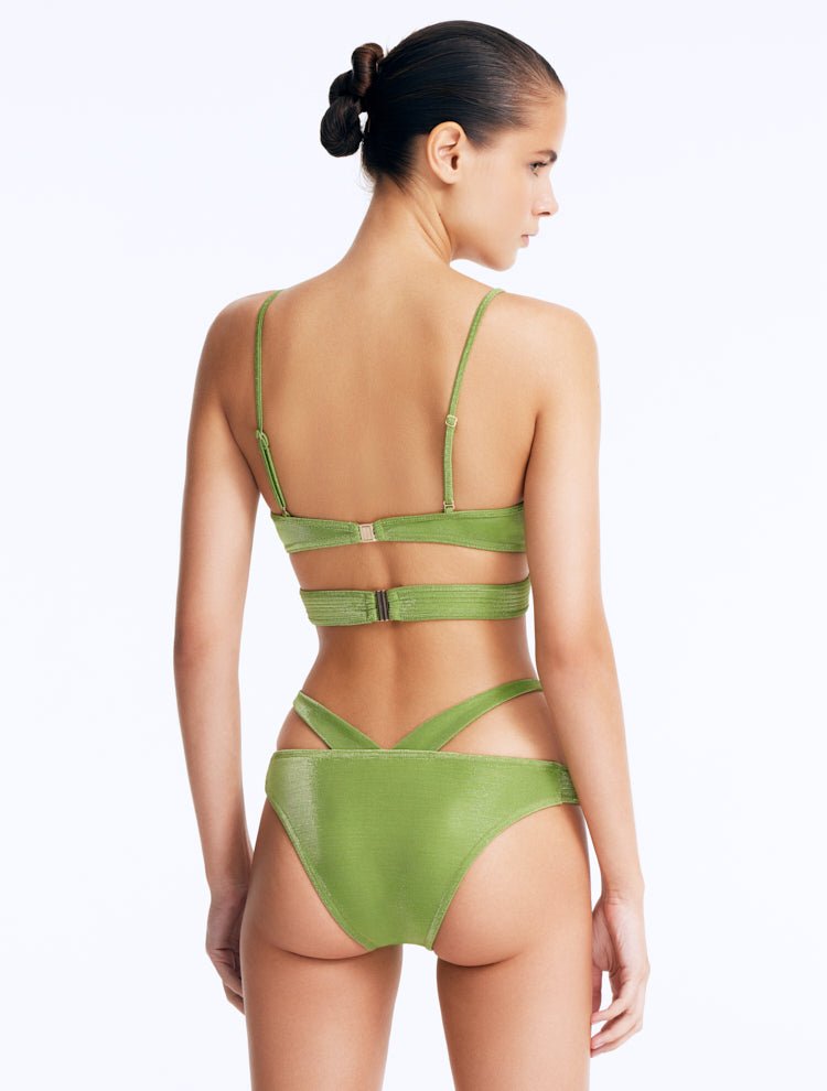 Back View: Cassia Green Bikini Top on Model - Chic and Stylish Two-Piece Swimsuit Top, Fully Lined, Italian Fabric, MOEVA Luxury Swimwear