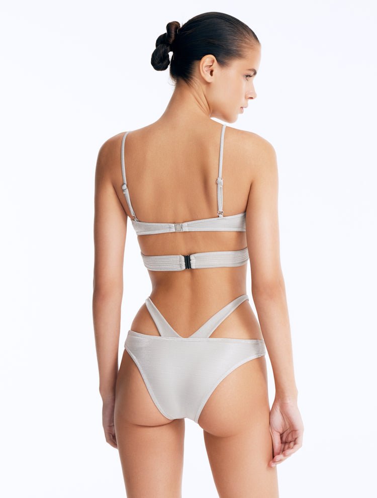 Back View: Cassia Silver Bikini Bottom on Model - Stylish Two-Piece Swimsuit Bottom, Moderate Bottom Coverage, Italian Fabric, MOEVA Luxury Swimwear