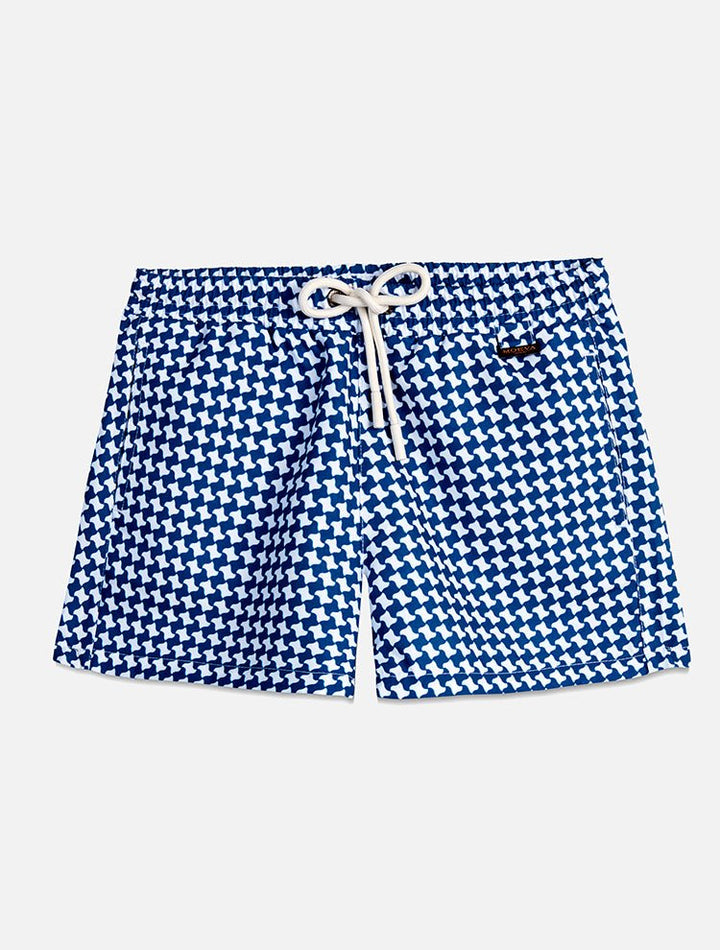 Front View: Charlie Blue Mirage Kids Shorts - Close Fitting, Lightweight Fabric, Pockets at the Front, Elasticated Waistband, Drawstring, Quick Dry, MOEVA Luxury Swimwear 