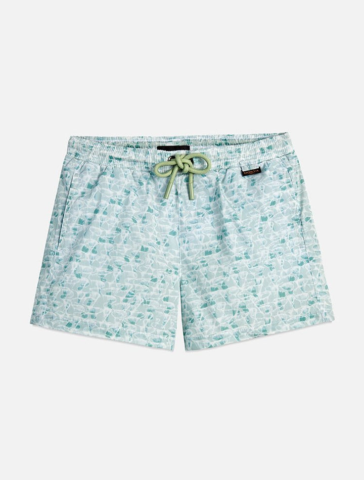 Front View: Charlie Green Abstract Kids Shorts - Close Fitting, Lightweight Fabric, Pockets at the Front, Elasticated Waistband, Drawstring, Quick Dry, MOEVA Luxury Swimwear 