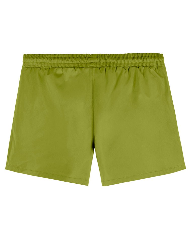 Back View of Charlie Kids Olive Green Shorts  - Nikel, Mid Length Kids Swim Shorts, Fully Lined, MOEVA Luxury  Swimwear