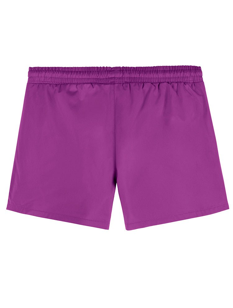 Back View of Charlie Kids Purple Shorts – Nikel, Mid Length Kids Swim Shorts, Fully Lined, MOEVA Luxury  Swimwear