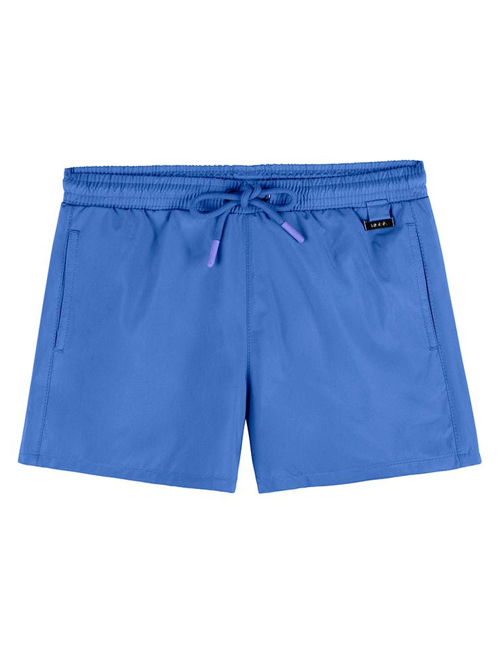 Front View of Charlie Kids Sax Blue Shorts - MOEVA Luxury Swimwear, Close Fitting, Lightweight Fabric, Pockets at the Front, Elasticated Waistband, Drawstring, Quick Dry Kids Shorts, MOEVA Luxury  Swimwear