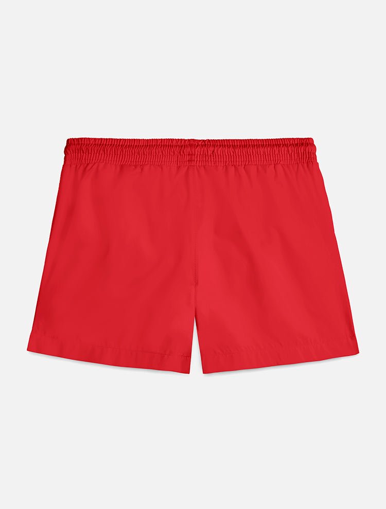 Back View: Charlie Red Kids Shorts - Swim Shorts, Nikel, Mid Length Swim Shorts, Fully Lined, Daddy and Me, Quick Dry, MOEVA Luxury Swimwear