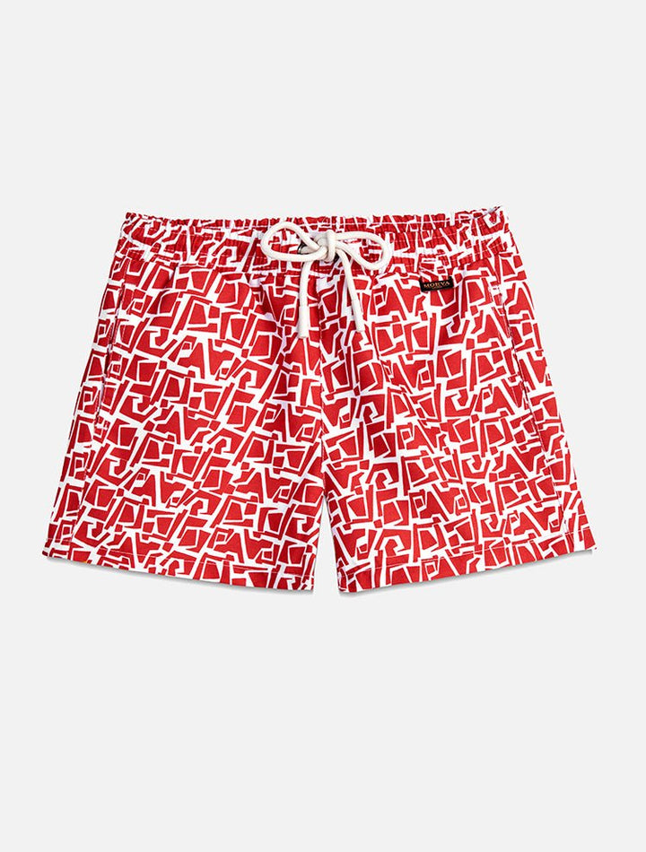 Front View: Charlie Red Mosaic Kids Shorts - Close Fitting, Lightweight Fabric, Pockets at the Front, Elasticated Waistband, Drawstring, Quick Dry, MOEVA Luxury Swimwear 
