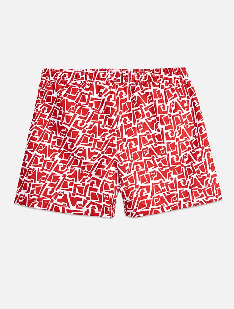 Back View: Charlie Red Mosaic Kids Shorts - Swim Shorts, Nikel, Mid Length Swim Shorts, Fully Lined, Daddy and Me, Quick Dry, MOEVA Luxury Swimwear