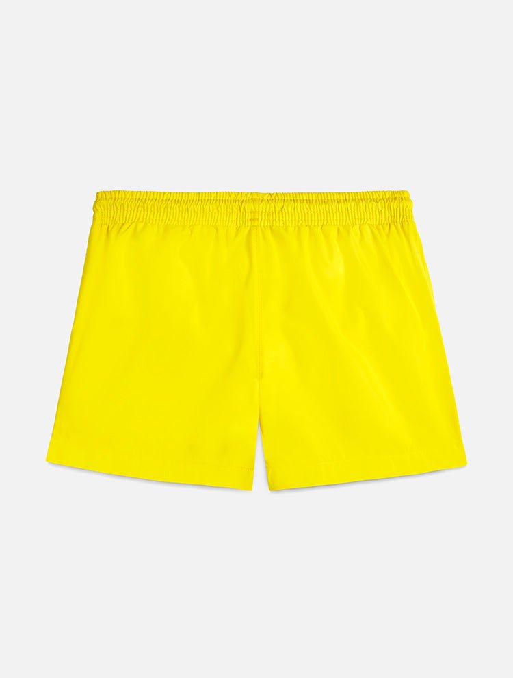 Back View: Charlie Yellow Kids Shorts - Swim Shorts, Nikel, Mid Length Swim Shorts, Fully Lined, Daddy and Me, Quick Dry, MOEVA Luxury Swimwear