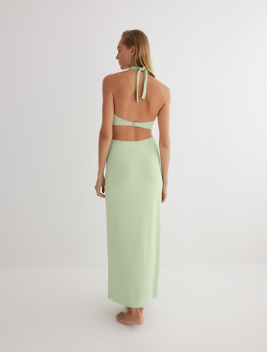Back View: Model in Clemence Mint Green Dress - MOEVA Luxury Swimwear, Ready to Wear, Unlined, Chic, Knitted, Maxi Dress, MOEVA Luxury Swimwear 