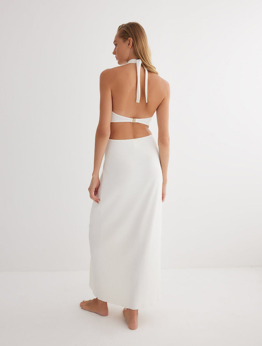 Back View: Model in Clemence White Dress - MOEVA Luxury Swimwear, Ready to Wear, Unlined, Chic, Knitted, Maxi Dress, MOEVA Luxury Swimwear 