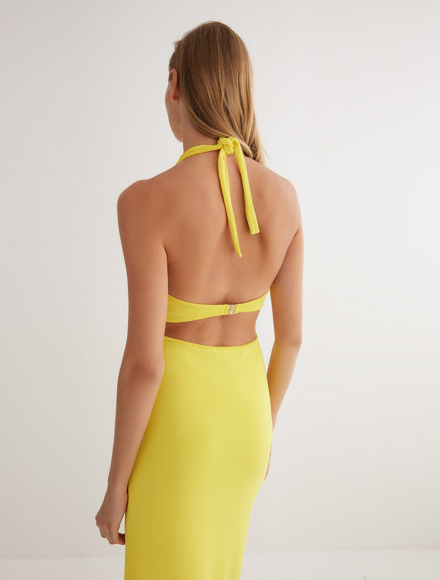 Back View: Model in Clemence Yellow Dress - MOEVA Luxury Swimwear, Ready to Wear, Unlined, Chic, Knitted, Maxi Dress, MOEVA Luxury Swimwear 