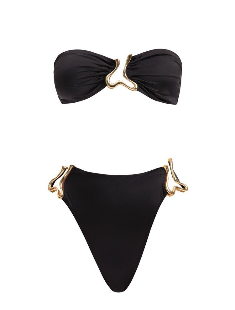 Gina Drewalowski-Clyde Black Bandeau High Waist Satin Bikini Set | Moeva | Bikini Sets | Each week unveils new pieces—luxury swimwear, fluid resort silhouettes, and elevated summer-to-evening essentials designed to carry you from coastal escapes to city nights.